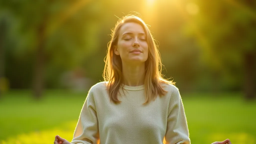 Sieviete meditē ārā parkā, ņemot pauzi no darba